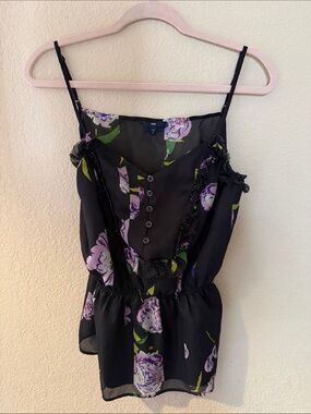 Black Floral Ruffle Button Front Blouse